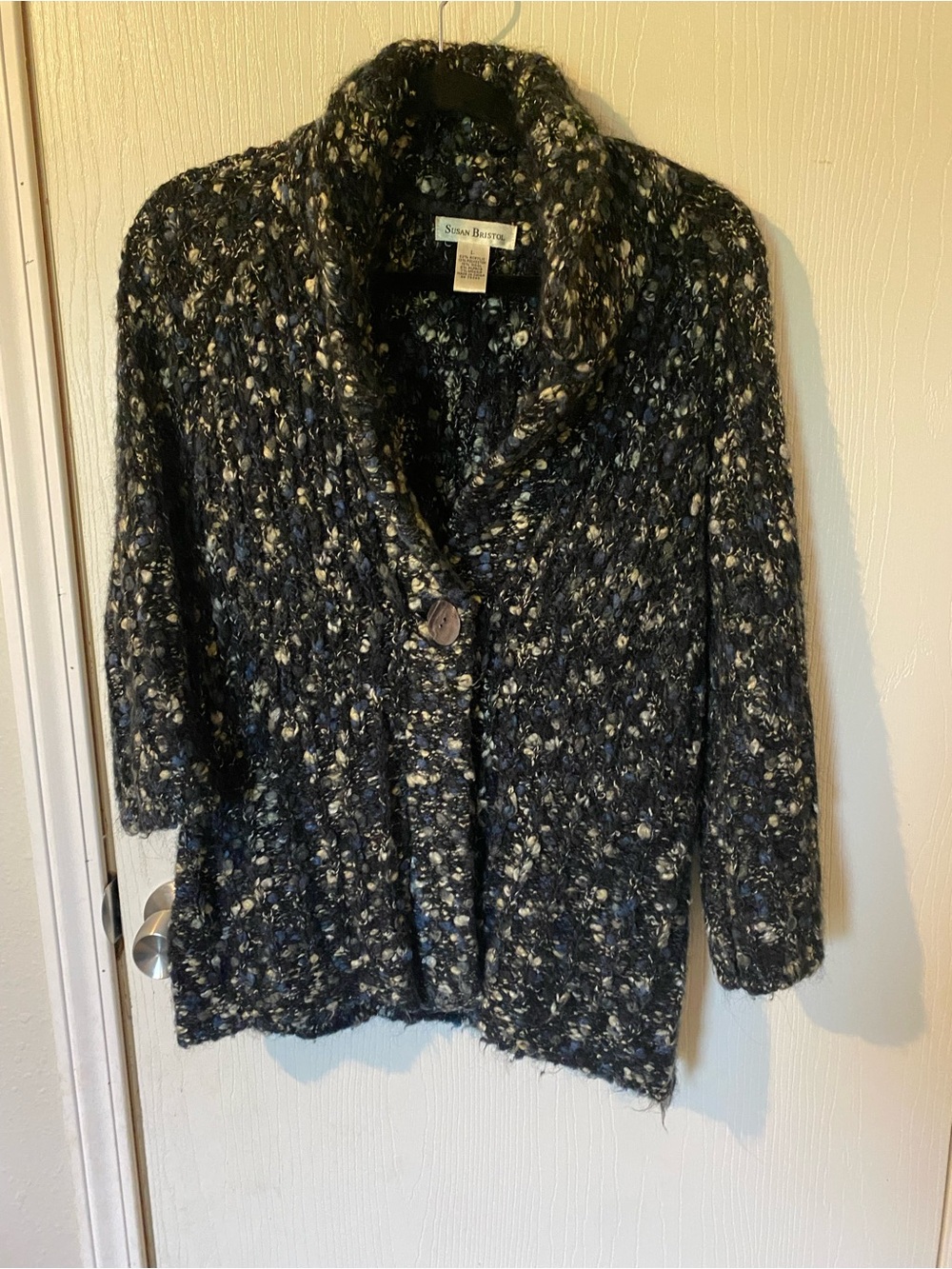 Susan Bristol Black and Cream Bouclé Knit Shawl-Collar Jacket